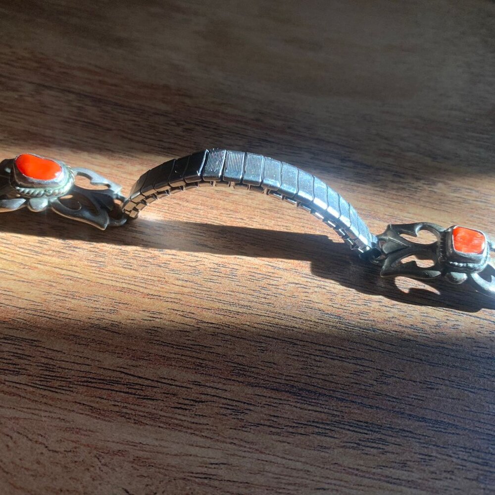 Sterling Silver and Red Coral Navajo Pawn watch tips band